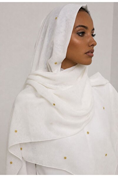 Veil Designer طرحه حلا نجوم بوال اوف وايت طبقنين بتطريز بخيوط القصب الذهبي نج...