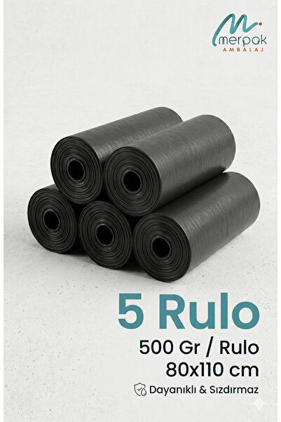 Merpak Ambalaj Kalın Çöp Torbası 500 gr X 5 Rulo Siyah Çöp Poşeti 80x110 Cm J...