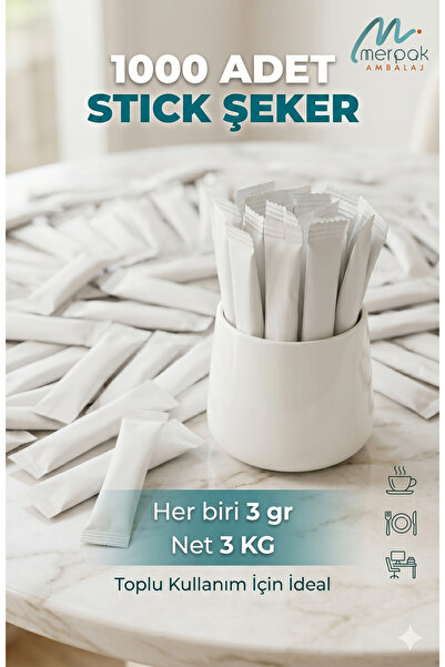 Merpak Ambalaj Stick Şeker (3 KG) Beyaz Baskısız Toz Şeker 3 gr X 1000'li