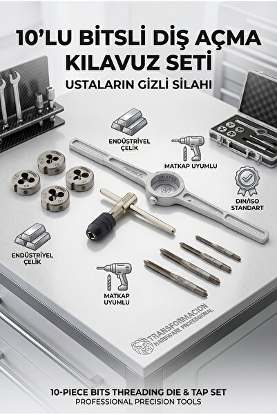 Transformacion 10'lu Bitsli Diş Açma Kılavuz Seti –Endüstriyel Çelik, Dişli M...