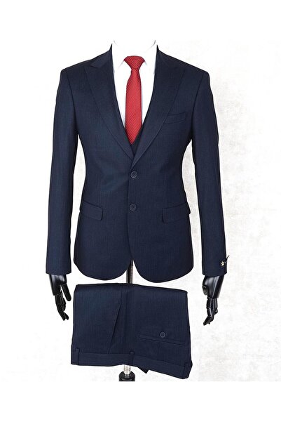 Jan Carlucci Slim Fit Sivri Yaka-Çift Yırtmaç Lacivert Drop 6 Yelekli Takım E...