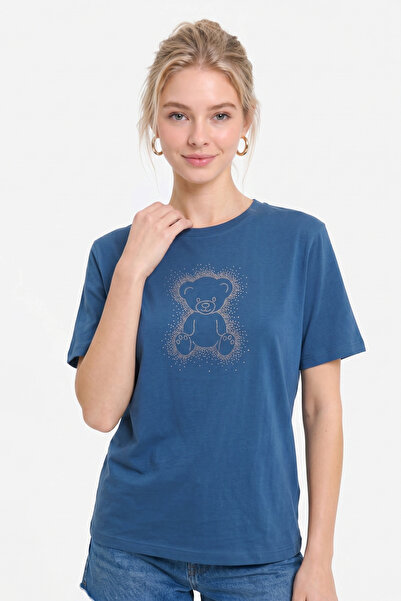 No Matter What Stone Detailed Teddy Bear Printed Oversize T-Shirt