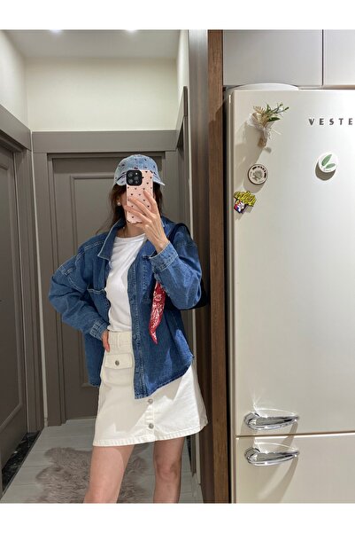 Butik Filiz Önü Düğmeli Kapak Cepli Ekru Denim Mini Etek