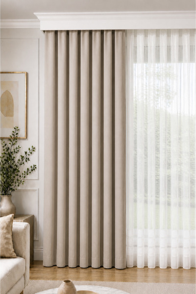 BURCIN HOME 1/3 Sık Pileli Fon Perde Taş 80x250 cm (260/270 cm) Tek Kanat Sof...