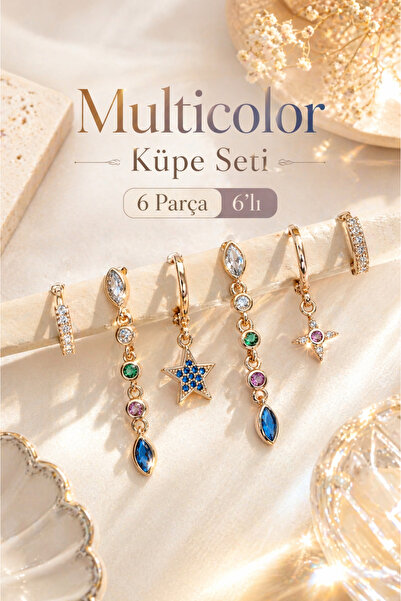 Sacce Scarves&Accessories Lacivertli Taşlı Su Yolu Işık Seli Küpe Seti 6 Parça