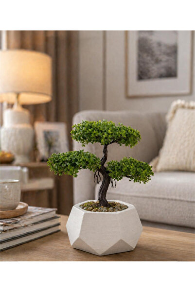 Lineva Geometrik Beton Saksıda Yapay Bonsai Ağacı Dekoratif Masa Üstü Bitki