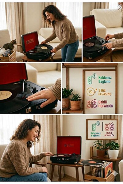 sgeteknoloji Nostaljik Hoparlörlü Çantalı Pikap&Gramafon Plak Çalar Bluetooth Aux 33/45/78