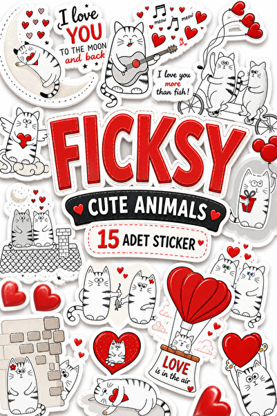Ficksy مجموعة ملصقات لطيفة على شكل قطة حب، حب، عيد الحب - 15 ملصقًا للملصقات