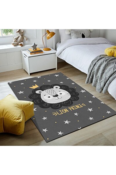 PINKIE HOME Dijital Baskı Kaymaz Taban Makinede Yıkanabilir Gri Sarı Aslan De...
