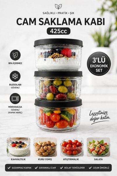 ZURİ DESİGN 3-Piece Glass Storage Container Transparent Glass Jar with Lid for Kitchen and Refrigerator Use Black 425 Cc
