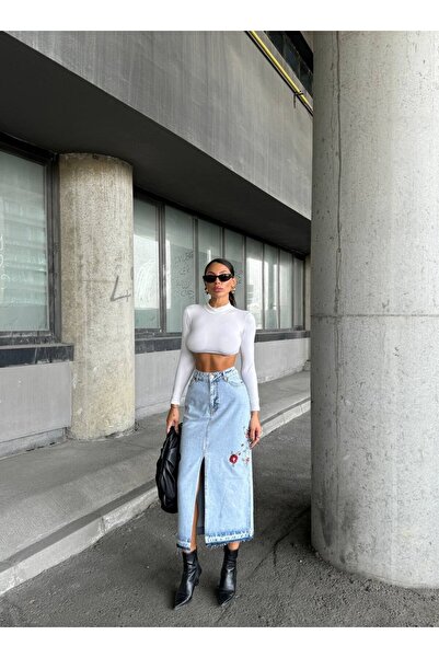 HerTon Fusta midi din denim cu șliț și broderie florală
