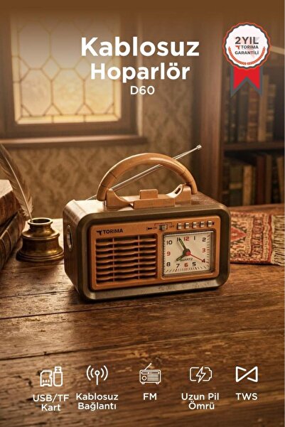 Torima Bluetooth Hoparlör Nostaljik Radyo Kablosuz Speaker D60 Kahverengi