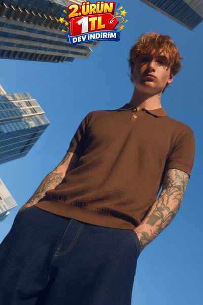 DAMGA JEANS Muška teksturirana elitna udobna široka smeđa polo majica