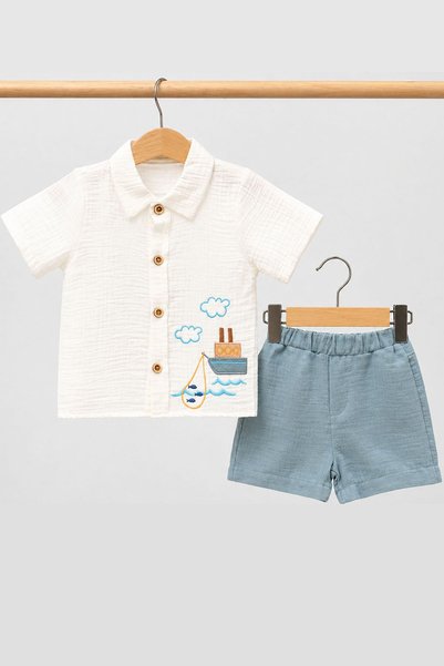 LUMİNO KİDS Baby Boy Muslin Shirt Shorts 2-Piece Summer Set 6-24 Months