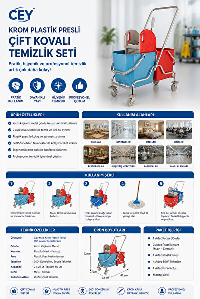 Ceymop Krom Plastik Presli Çift Kovalı Temizlik Seti