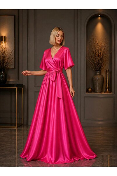 UNTIMELY Double-Breasted Maxi Satin Stylish Dress with Closure & Belt