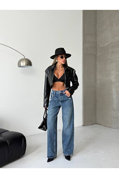 HerTon Pantaloni de damă din denim largi - Cu picior larg, 100% bumbac, talie...