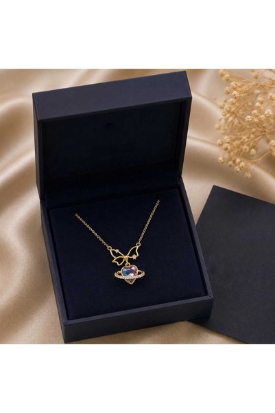 Yağmur Kalp Kolye Zirkon Taşlı Işıltılı Çelik 316 L Kararmaz Paslanmaz Pembe Gold Altın Sevgililer Günü