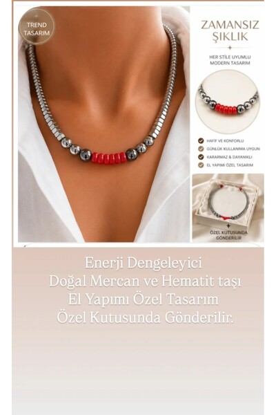LemaStone Doğal Taş Kolye;Enerji Dengeleyici Mercan ve Hematit Taşı Tasarım K...