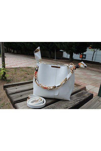 fiestabag وشاح أبيض نسائي بأكسسوار سلسلة ناعم مع جلد أقسام للهواتف و حقيبة كتف