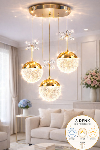 Luna Lighting Grate Model Gold Kaplama 3 RENK Salon Mutfak Oturma Odası Led S...