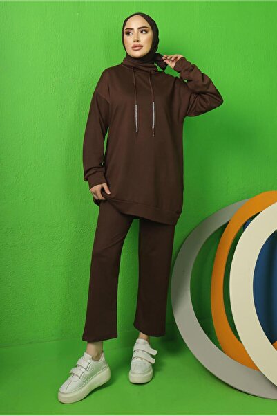 TRENDTESETTÜR KADIN KAHVE BAĞCIK DETAYLI PANTOLONLU EŞOFMAN TAKIM T 0143