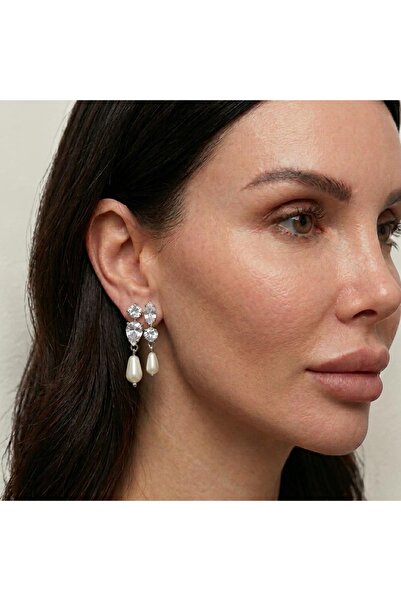GlassySKY (Silver) Zircon Stone and Pearl Stylish Luxury Evening Dress Earrings