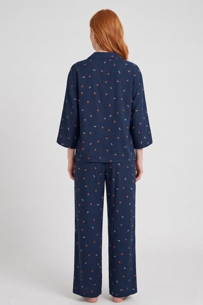 Laperissa Navy Blue Viscose Woven Pajama Set with Ribbon/Bow and Flowers