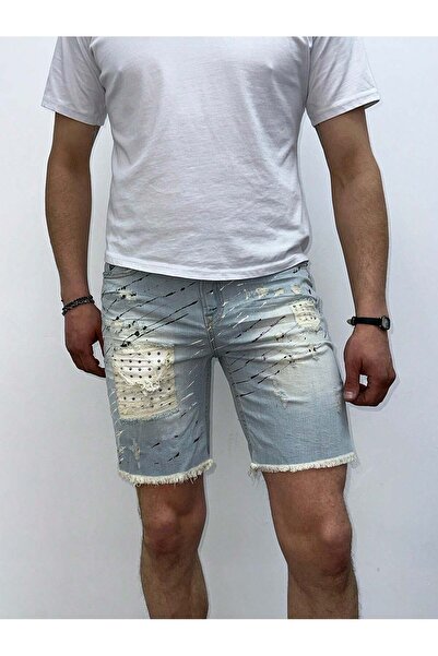 HerTon Buz Mavi Yırtık Detaylı Slim Fit Jean Şort