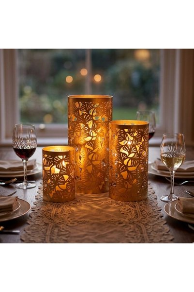 Souq DESIGNS Hurricane Candle Holder Set of 3 – Gold Tropical Leaf Metal Pillar Candle Holders | Hurricane Lantern Tealight Table Centerpiece Flower Vase | Indoor Outdoor Ramadan Home Decor Gift