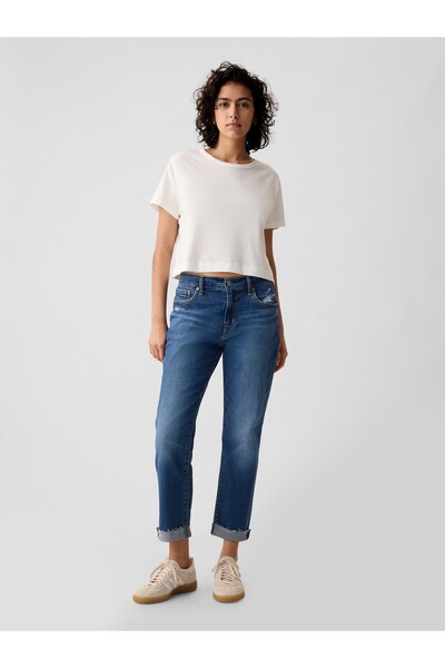 GAP Kadın Mavi Mid Rise Washwell Girlfriend Jean Pantolon