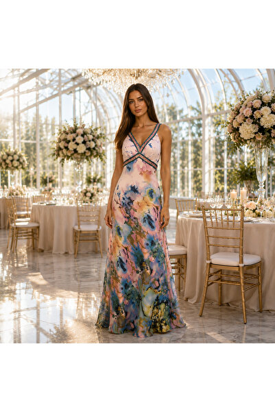 Faviana New York Long floral evening dress in cloisonné veil with bare back