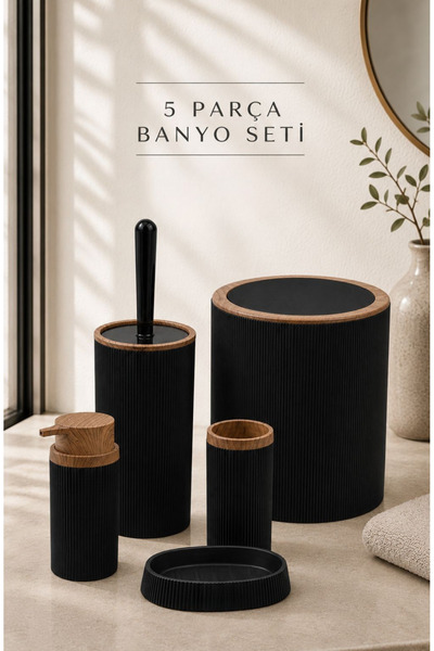 Store HGY Home Set de baie Mina Black cu detalii din lemn, 5 piese