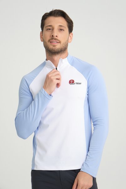PEUR RIDER SHOP تي شيرت رجالي بأكمام طويلة مزين باللون الأزرق والأبيض