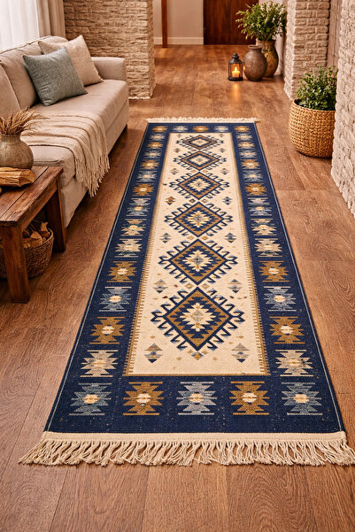 OEM Covor tradițional țesut, față-verso, dimensiune 60x300 cm albastru și cre...
