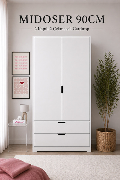 midoser 90 Cm Mat Beyaz 2 Kapılı 2 Çekmeceli Elbise Dolabı - Gardırop