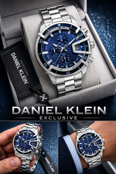 Daniel Klein Exclusive Erkek Saat Çelik Kordonlu Japon Mekanizma Gümüş Mavi Ş...