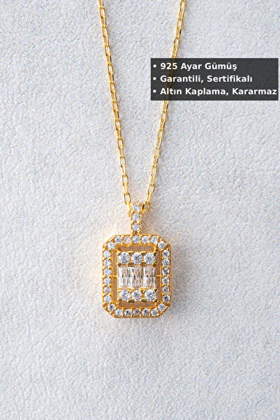 Jewelmim Baget Taşlı Gümüş Kolye | Sarı Altın Kaplama Sevgiliye Hediye 925 Ay...