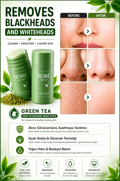 NOIRE PREMIUM Yeşil Çay Özlü Siyah Nokta ve Akne Maskesi & Green Tea Extract ...
