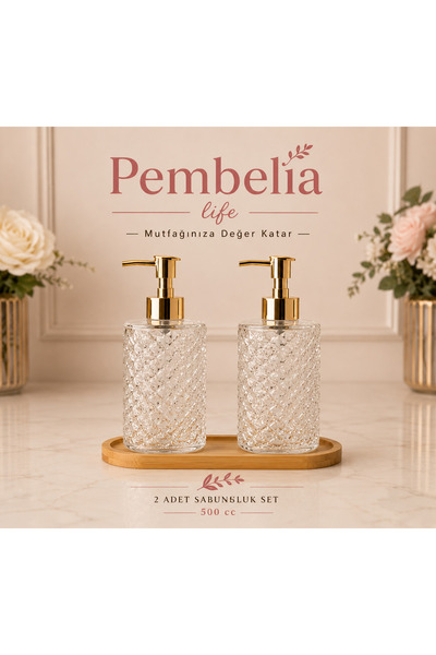 Pembelia Life Bambu Standlı 2’li Gold Başlıklı Kristal Cam Sabunluk Set