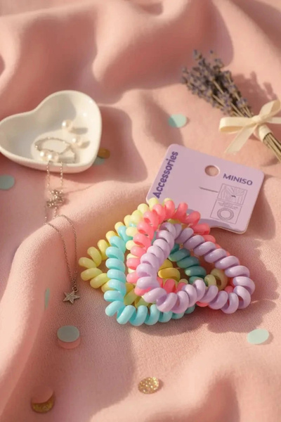 Miniso Lisanslı Kalp Detaylı Spiral Saç Lastiği Seti – 5 Adet İz Bırakmayan v...