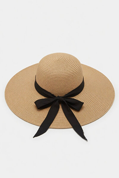 Mollycrush Women's Camel Straw Black Bow Detailed Beach Hat |   Wide Brim Sun...