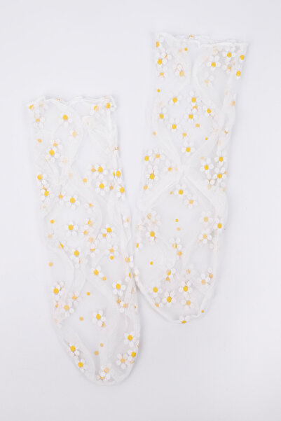 Le Mabelle White Daisy Patterned Girl's Tulle Socks