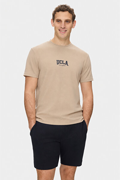 UCLA تي شيرت ANGELO للرجال ذو رقبة دائرية وطباعة بلون بيج داكن ونسيج ناعم الم...