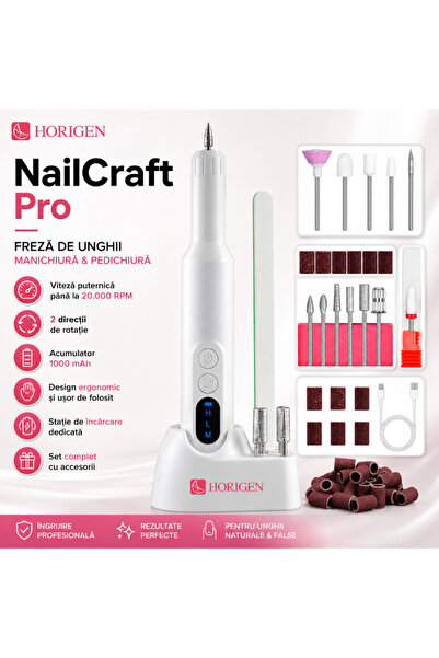 Horigen Freza Unghii Portabila Manichiura-Pedichiura, NailCraft Pro, 20000 RPM, Acumulator, Alb
