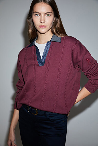 U.S. Polo Assn. Women's Burgundy Polo Collar Sweater 50314661-Vr177