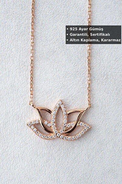 Jewelmim Lotus Çiçeği Gümüş Kolye | Rose Altın Kaplama Lotus Kolyesi 925 Ayar...