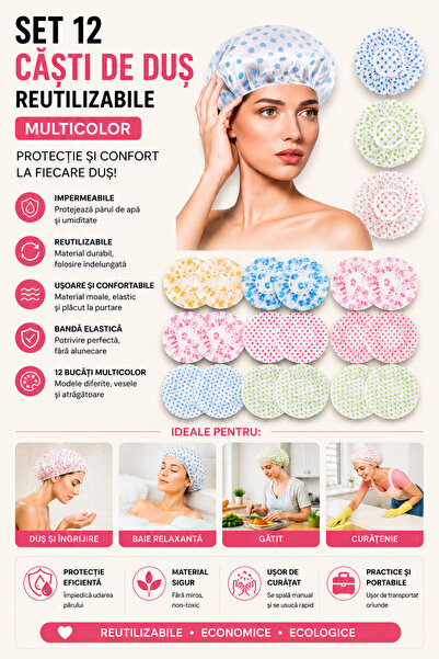 OEM HomeRoy – Set of 12 Reusable Multicolor Shower Caps