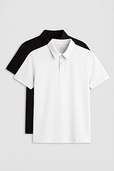 TOMMY LIFE Ανδρικό μπλουζάκι Standard Fit Basic Polo Neck 2 Pack Μαύρο-Λευκό ...