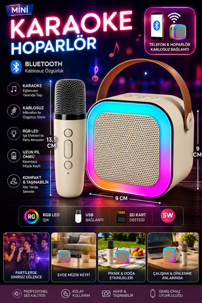 nextbuy Mini Karaoke Bluetooth Hoparlör Kablosuz Mikrofonlu Rgb Led Işıklı 5 ...